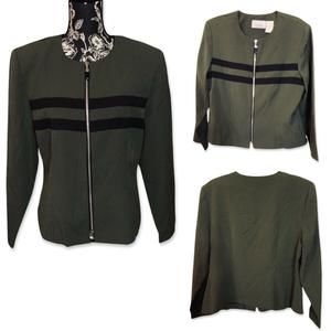 Vintage Halmode Petites Scoop Neck Zip Padded  Long Sleeve Strips Womens 14 Grey